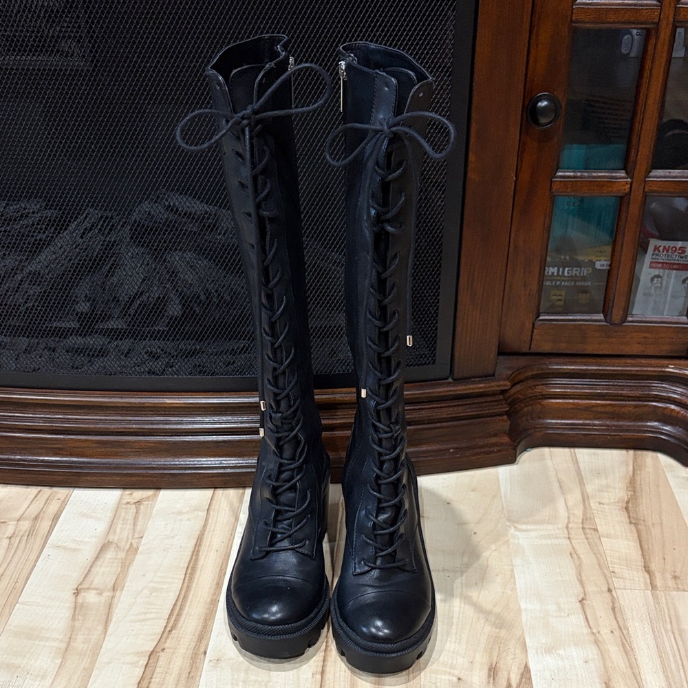Giani Bini TheSoukey Black Lace-Up Knee-High Lug Boots - Picture 2 of 10